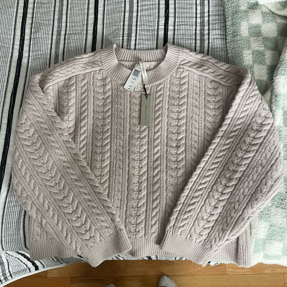 Aritzia Babaton Light Pink/Cream Cable Knit Crew Neck Sweater